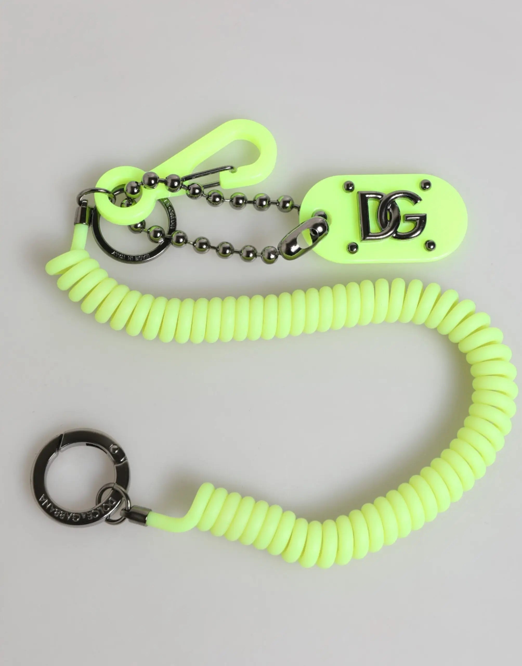 Dolce & gabbana porte-clés homme vert spirale en néon avec logo dg métallique et ferrures argentées
