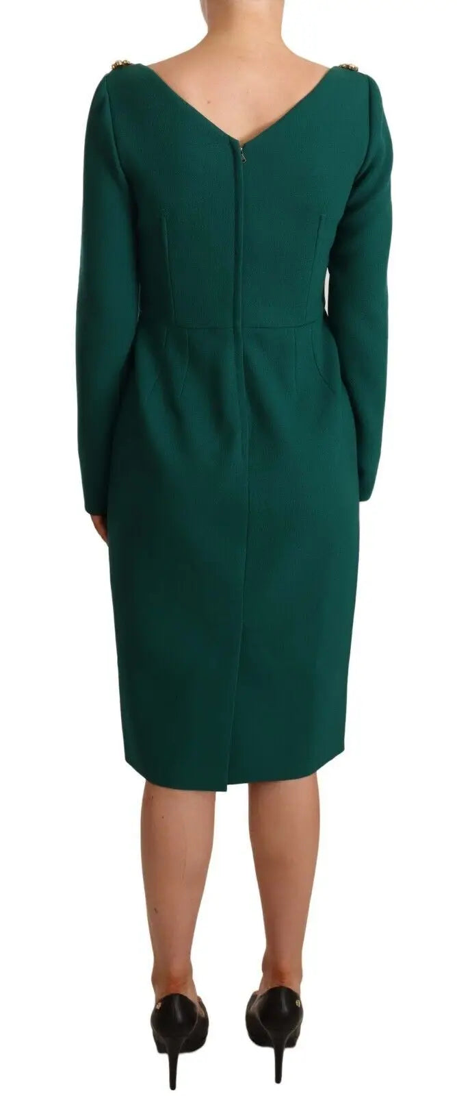 Robe midi verte émeraude dolce & gabbana en crêpe stretch avec manches longues et col en v ornée de cristaux