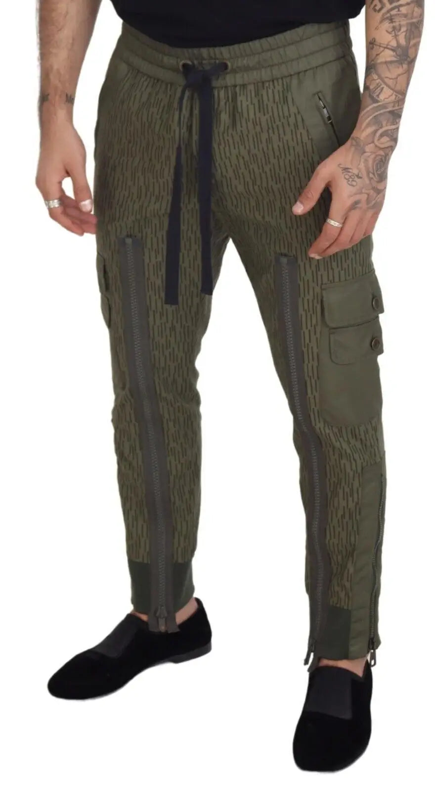 Pantalon cargo olive vert dolce gabana avec zips verticaux et taille à cordon pour homme