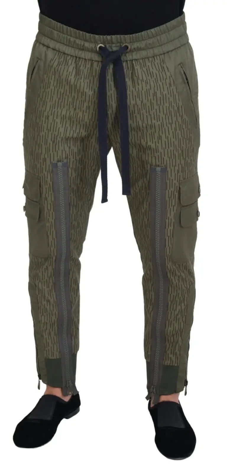 Pantalon cargo vert olive dolce & gabbana avec motif géométrique et fermetures éclair gris foncé aux poches et côtés