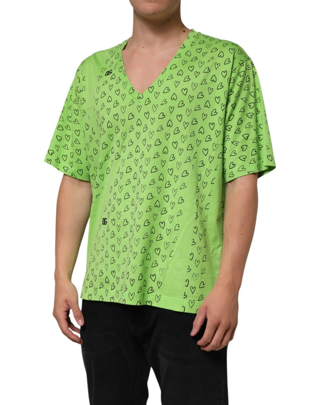 T-shirt dolce & gabbana vert lime à col v avec motif cœur noir répété en tissu léger coton