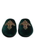 Dolce & gabbana slippers en velours vert foncé avec broderie dorée et pierres précieuses croisées