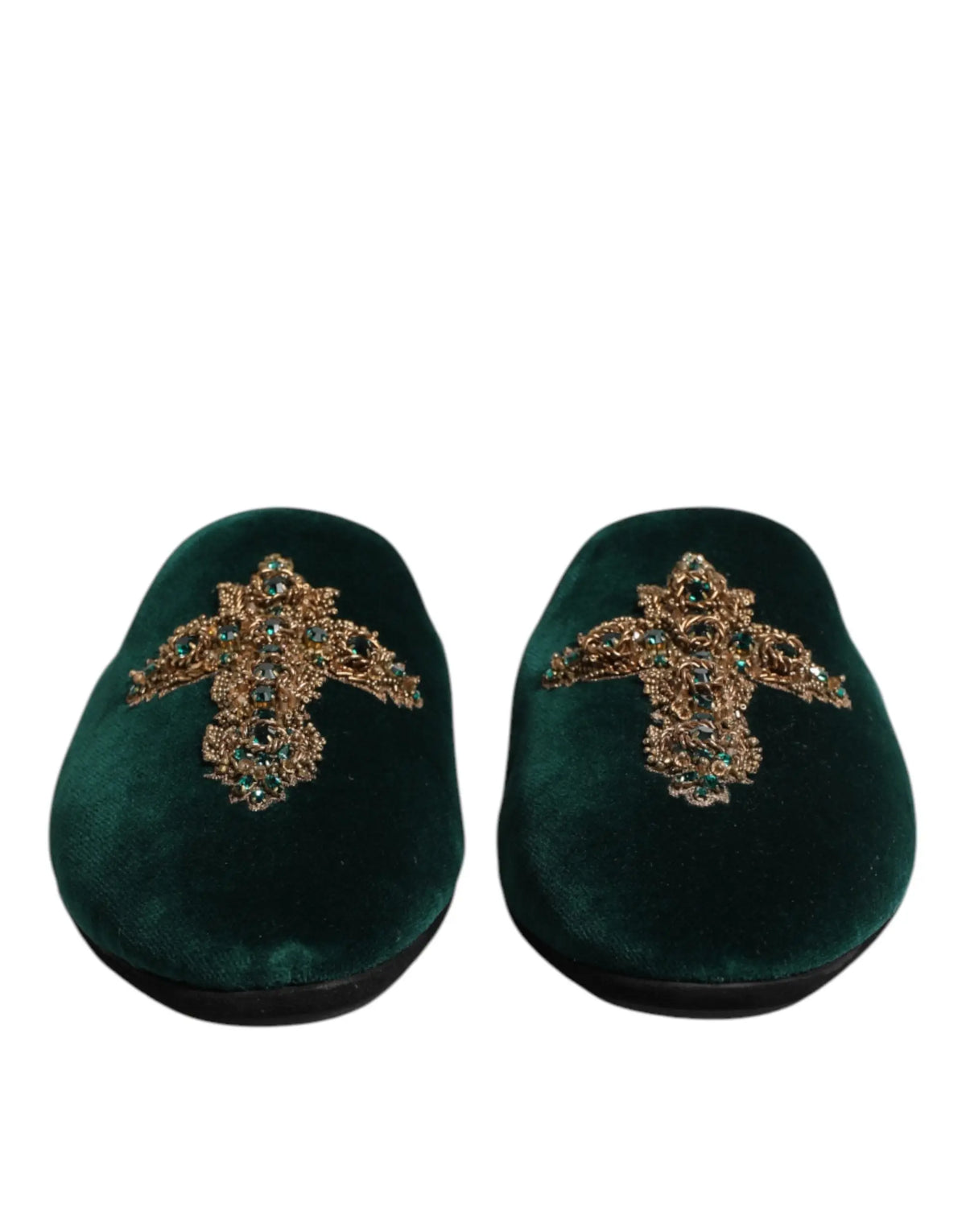 Dolce & gabbana slippers en velours vert foncé avec broderie dorée et pierres précieuses croisées