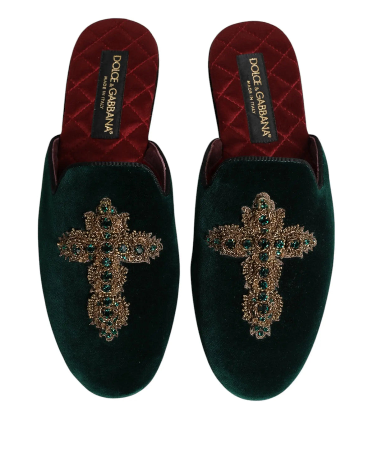 Mules vert foncé en velours dolce & gabbana ornées de croix brodées en perles dorées et émeraudes