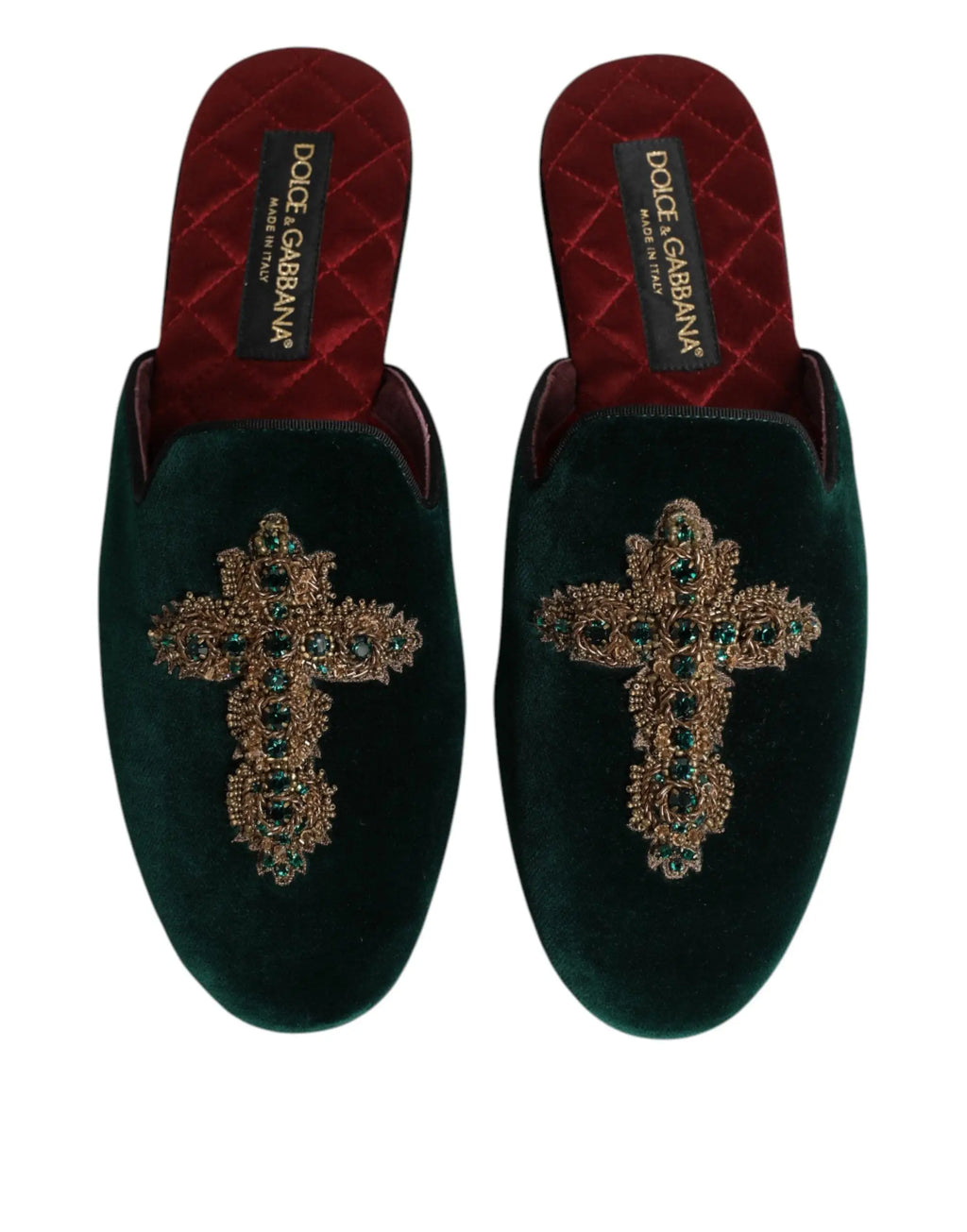 Mules en velours vert profond dolce gabbana ornées de croix perlées d or et d émeraude