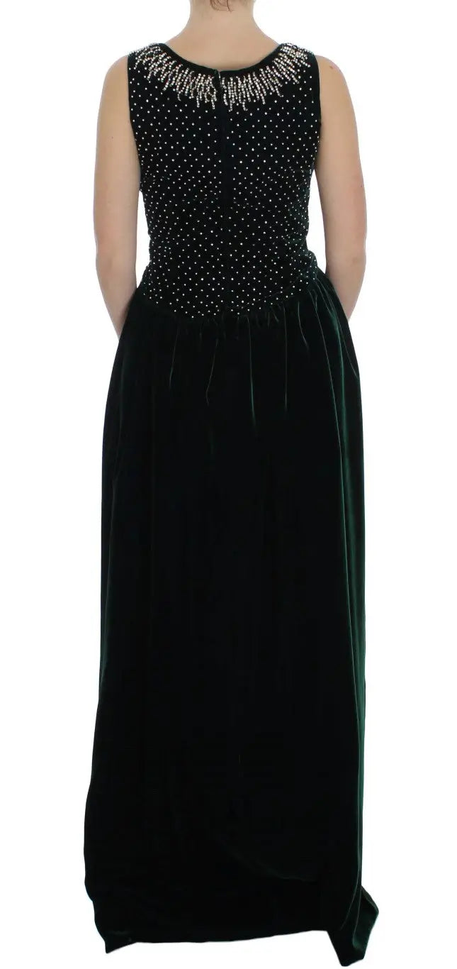 Robe longue maxi verte en velours dolce & gabbana avec encolure brodée de cristaux argentés et corsage ajusté