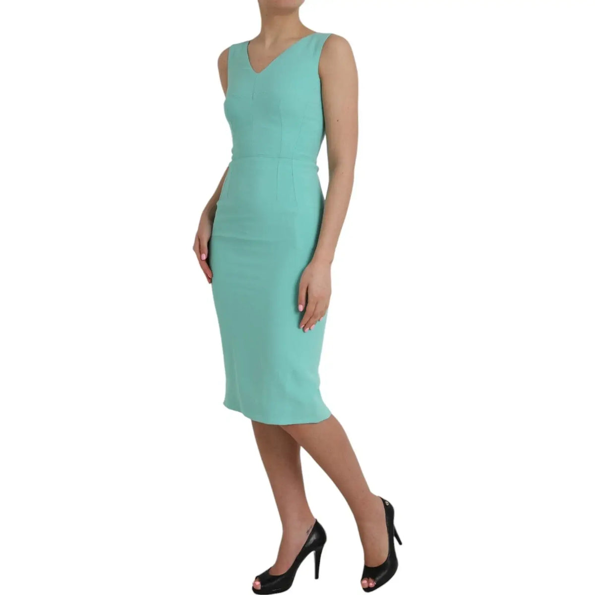 Robe midi fourreau sans manches verte en viscose par Dolce & Gabbana avec encolure en v et silhouette ajustée