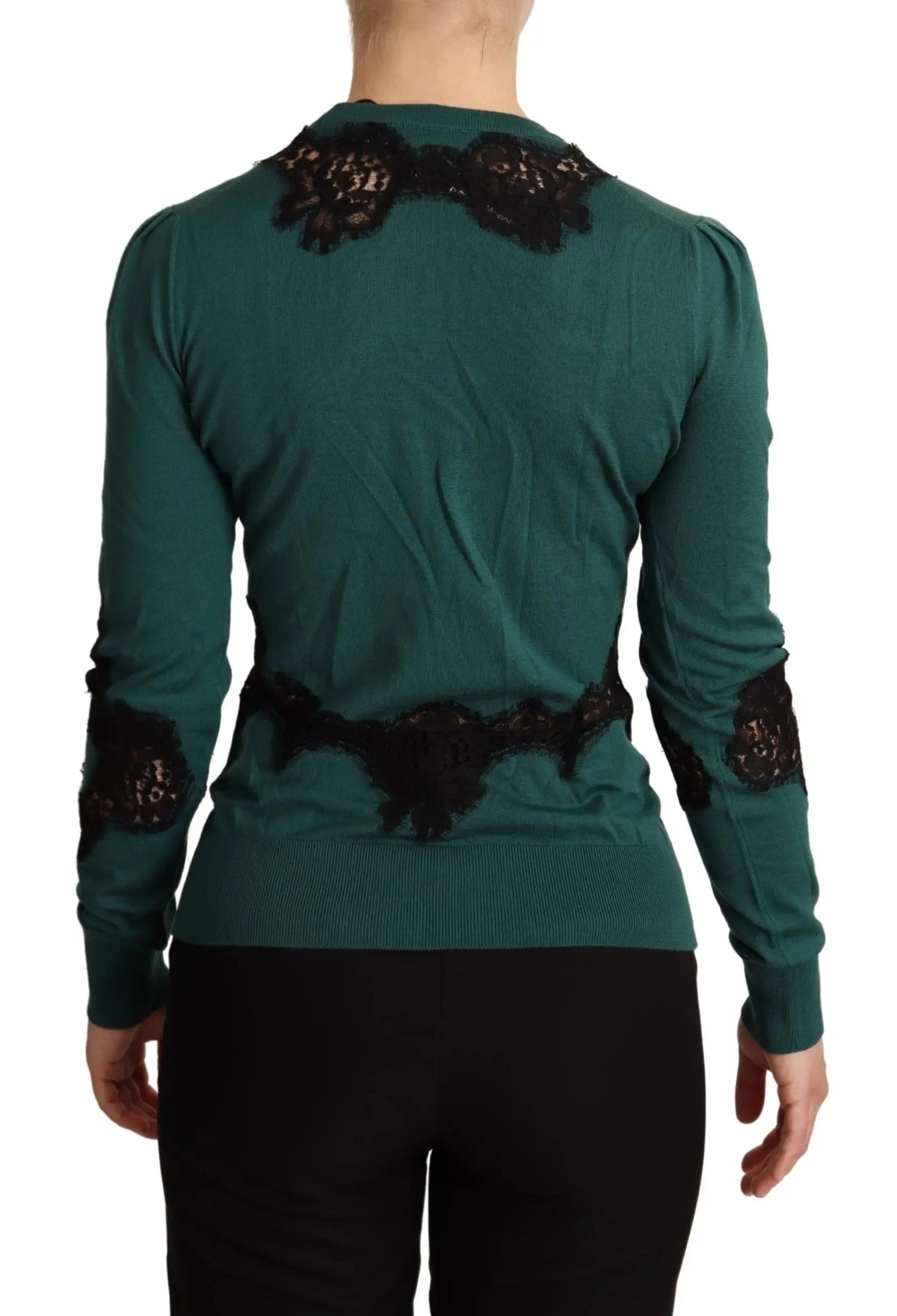 Cardigan en maille vert émeraude dolce & gabbana avec détails en dentelle noire aux épaules et poignets en laine