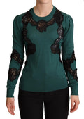 Pull vert émeraude en laine dolce & gabbana avec applications en dentelle noire sur le col et les manches