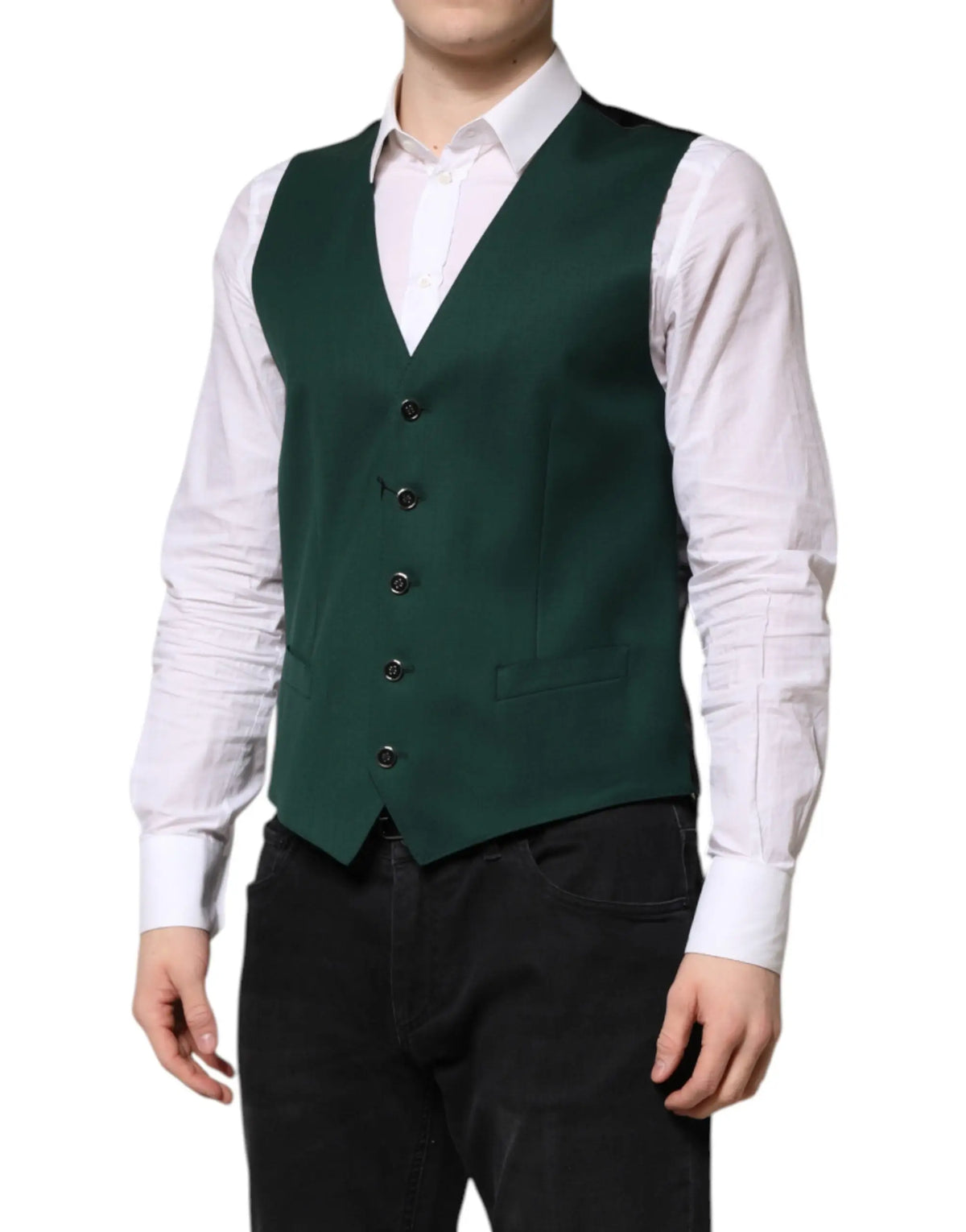 Dolce & gabbana gilet tailleur vert foncé en laine avec boutons noirs porté sur chemise blanche formelle homme