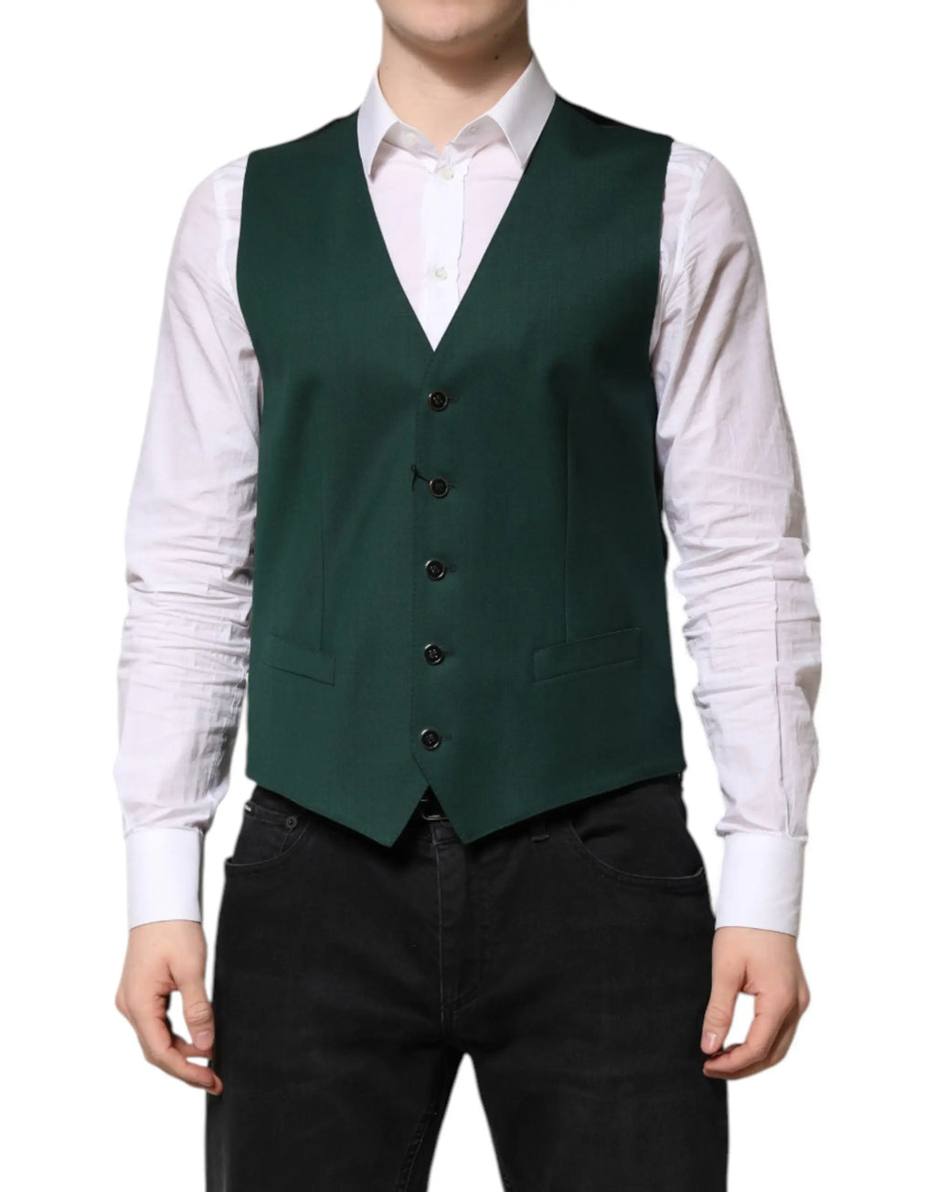 Dolce & gabbana gilet vert foncé en laine pour homme avec boutons noirs et deux poches frontales tailleur