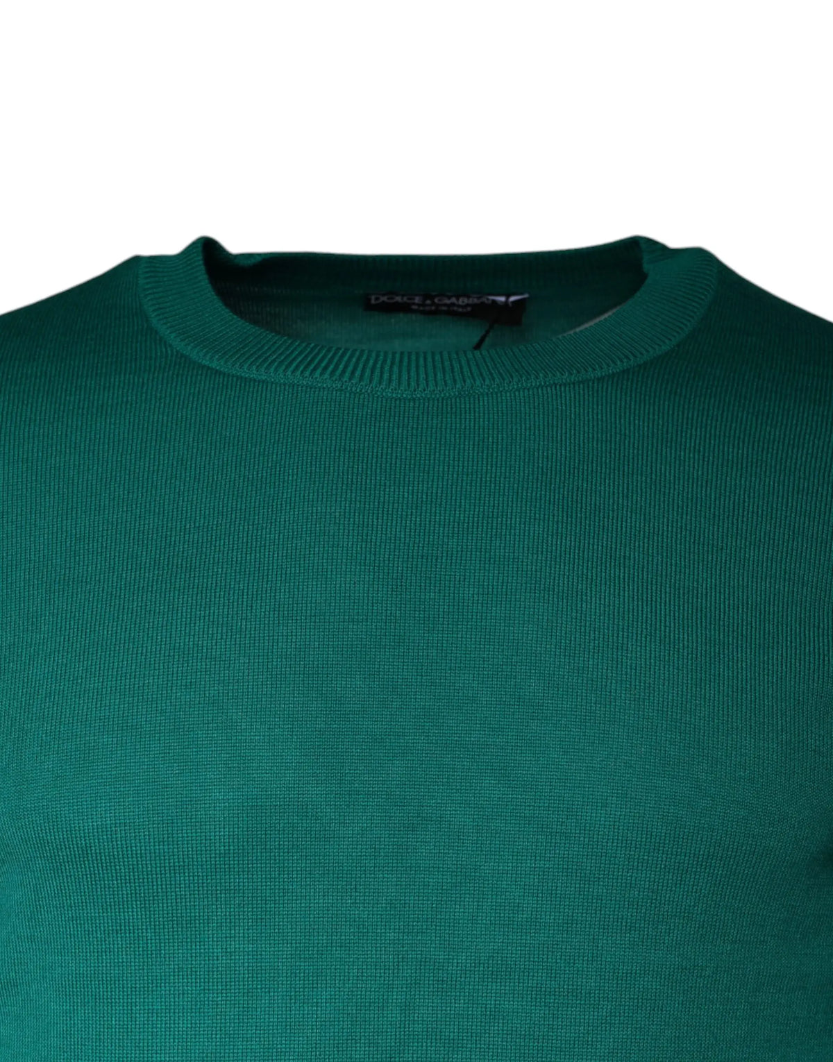 Pull à col rond en laine verte dolce & gabbana avec maille côtelée et étiquette de marque au col
