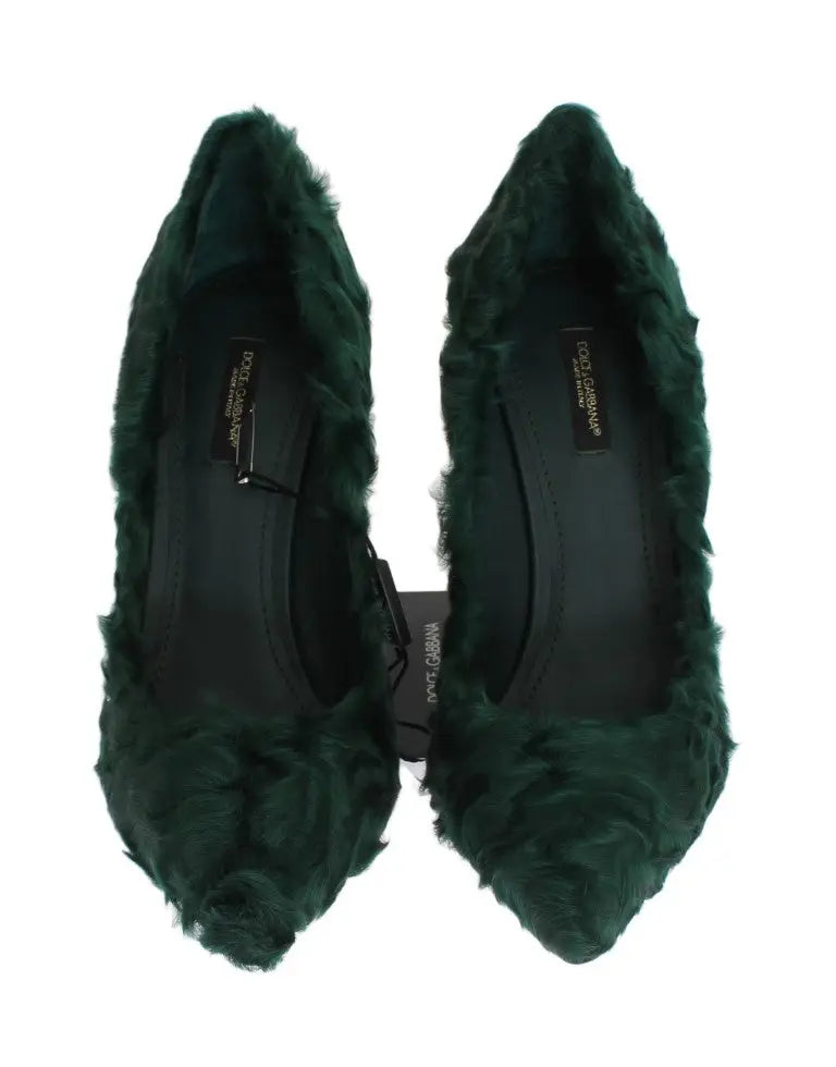 Pompes dolce & gabbana vert émeraude en cuir et fausse fourrure de mouton xiangao à talons plats