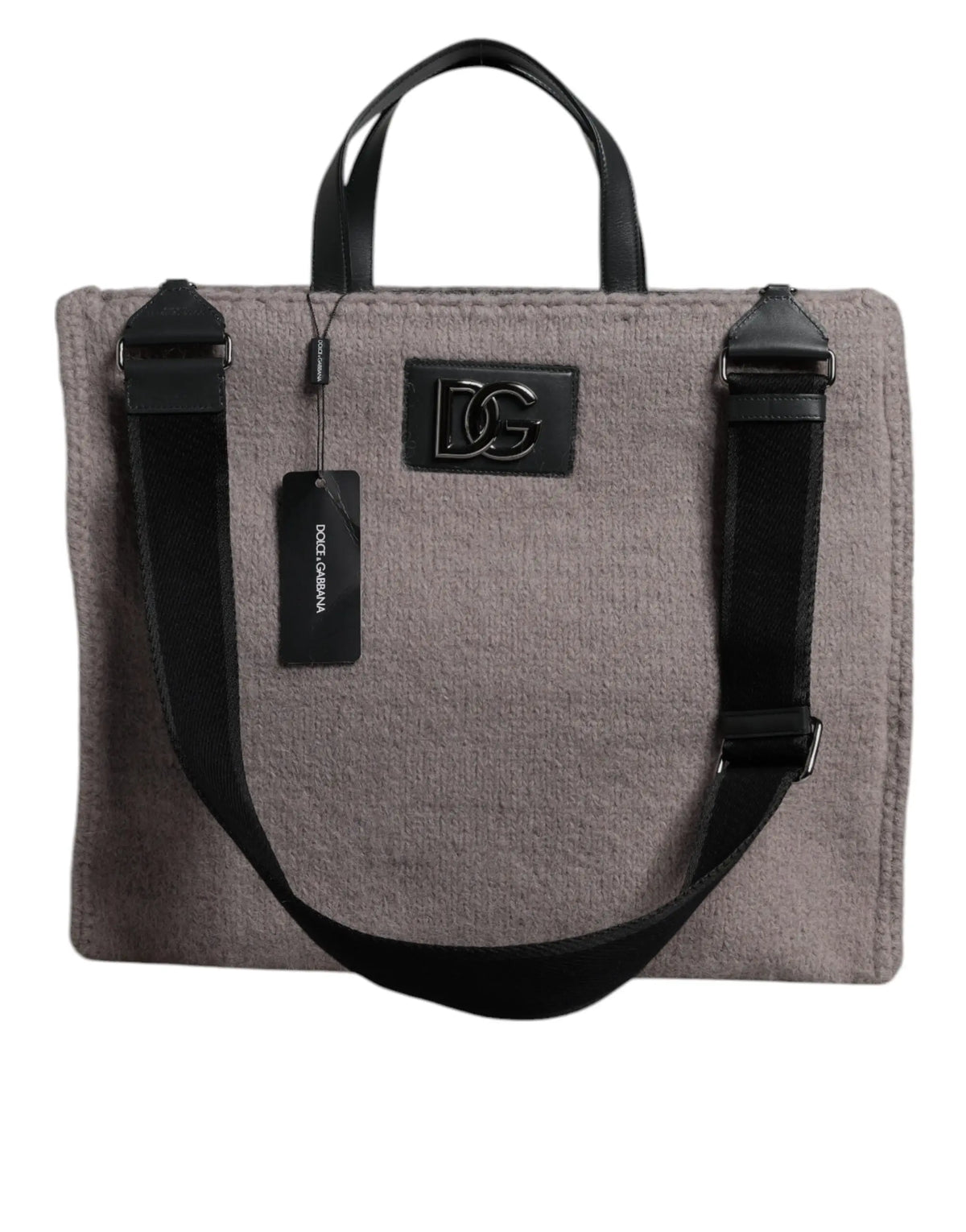 Sac fourre-tout dolce & gabbana gris en laine alpaga avec poignées en cuir noir et plaque logo dg visible