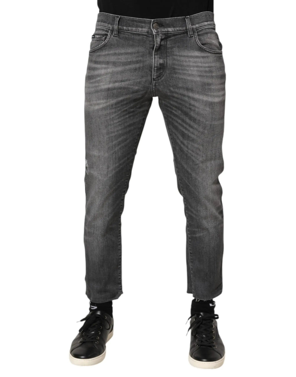 Pantalon jean slim fit dolce gabbana en coton gris foncé avec effet délavé et légère usure aux cuisses