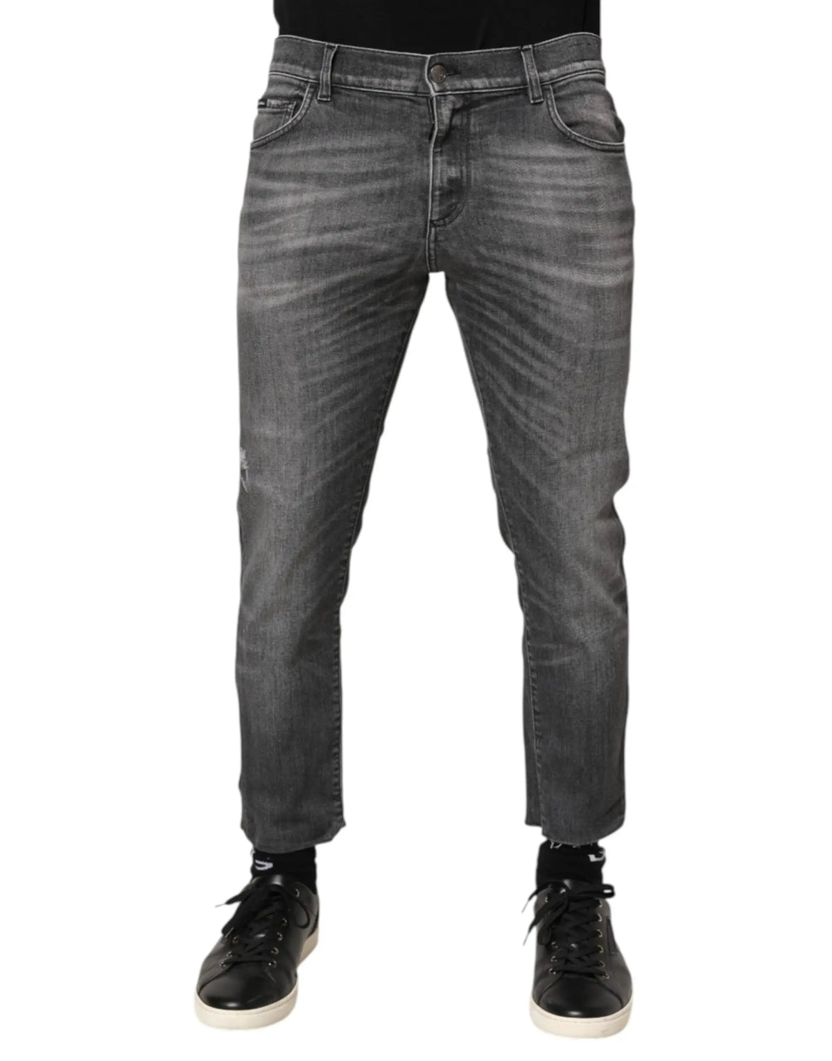 Dolce & gabbana jeans slim fit gris en denim coton avec délavage et légères déchirures aux cuisses