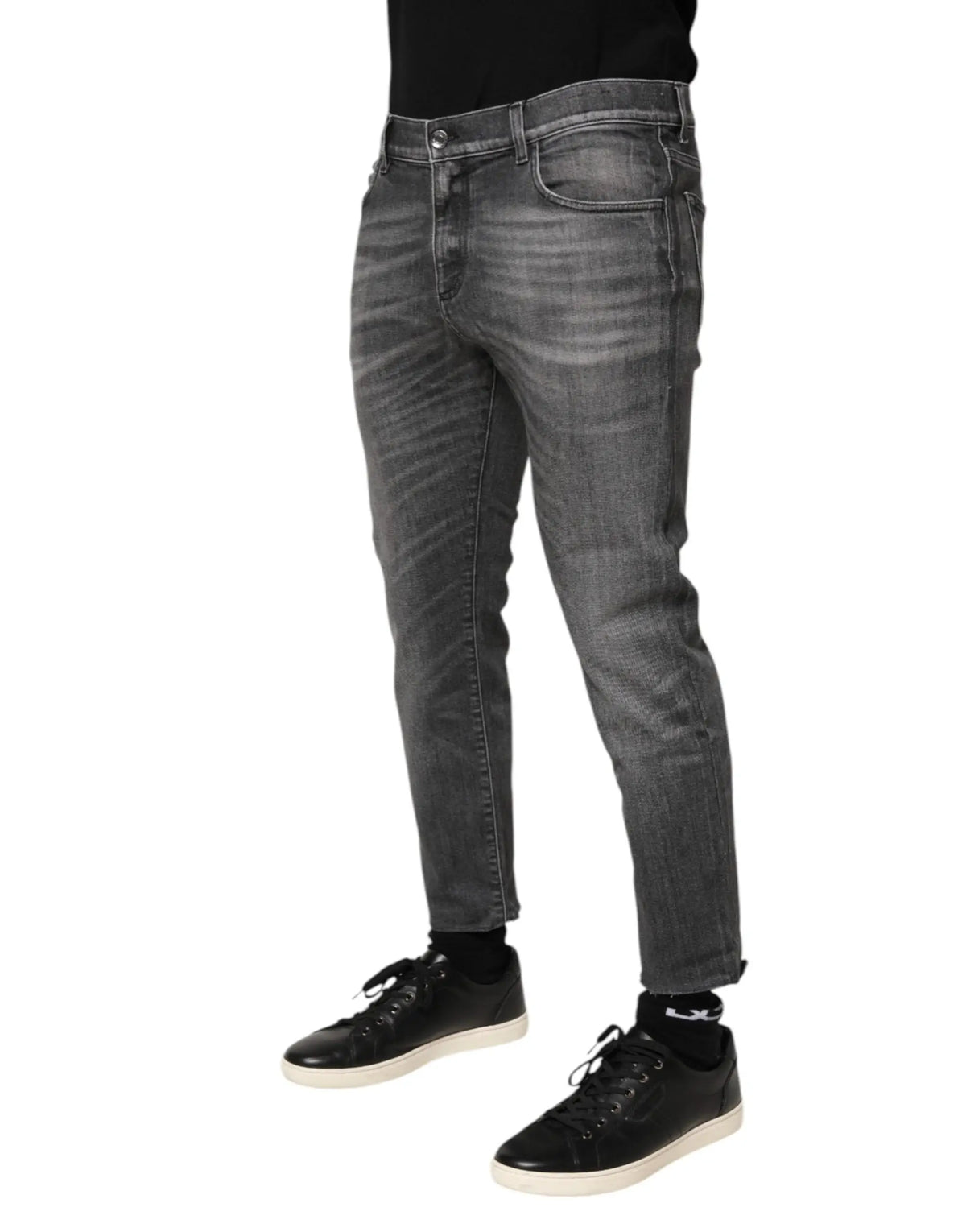 Dolce & gabbana jeans en denim gris à coupe slim en coton avec design cinq poches et texture légèrement usée
