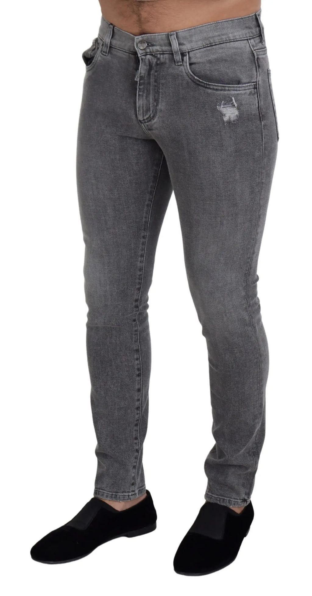 Dolce & gabbana jeans skinny en coton gris délavé avec patch déchiré sur la cuisse en denim slim fit