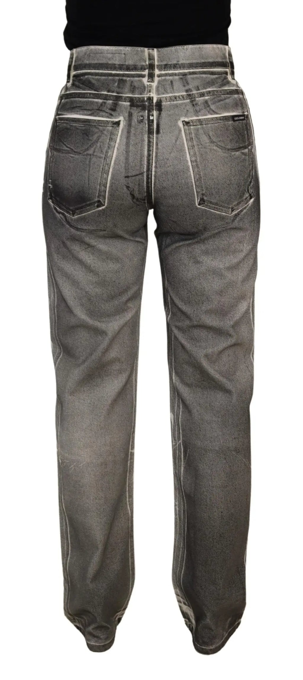 Pantalon en jean gris délavé à taille haute dolce gabbana en coton avec finition délavée et coutures blanches contrastantes