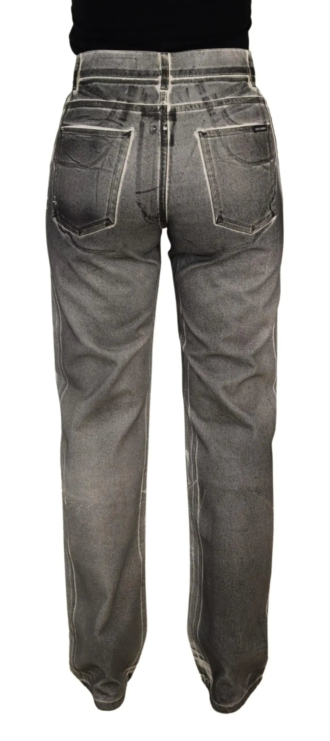 Pantalon en jean gris délavé à taille haute dolce gabbana en coton avec finition délavée et coutures blanches contrastantes