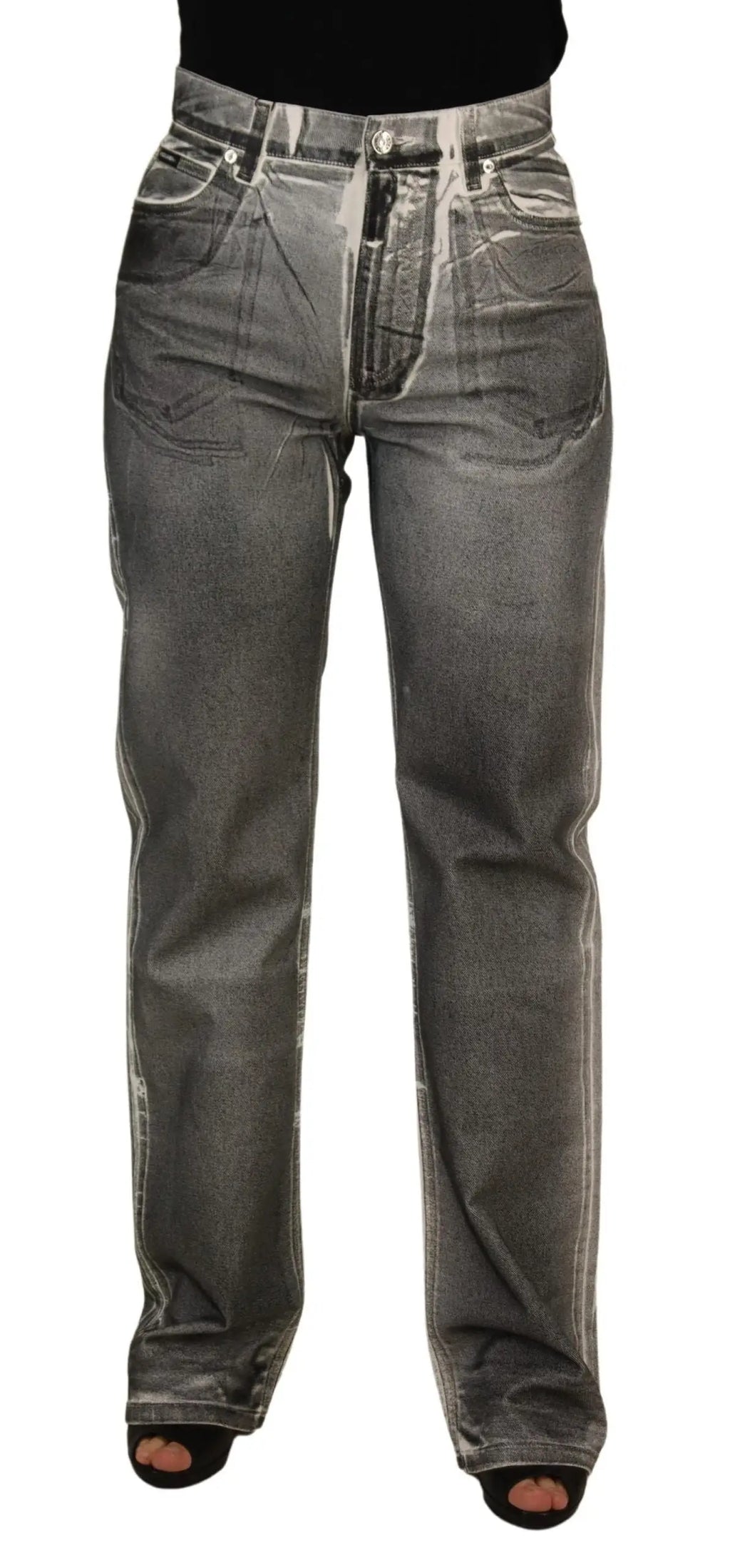 Jean droit gris foncé en denim coton avec taille haute lavée de dolce & gabbana et design classique à cinq poches
