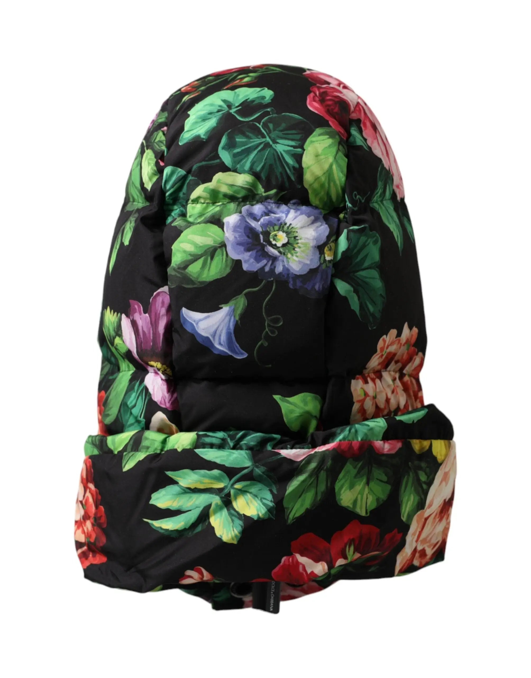 Black puffer hat dolce & gabbana with vibrant multicolor floral print of purple pink red flowers and green leaves