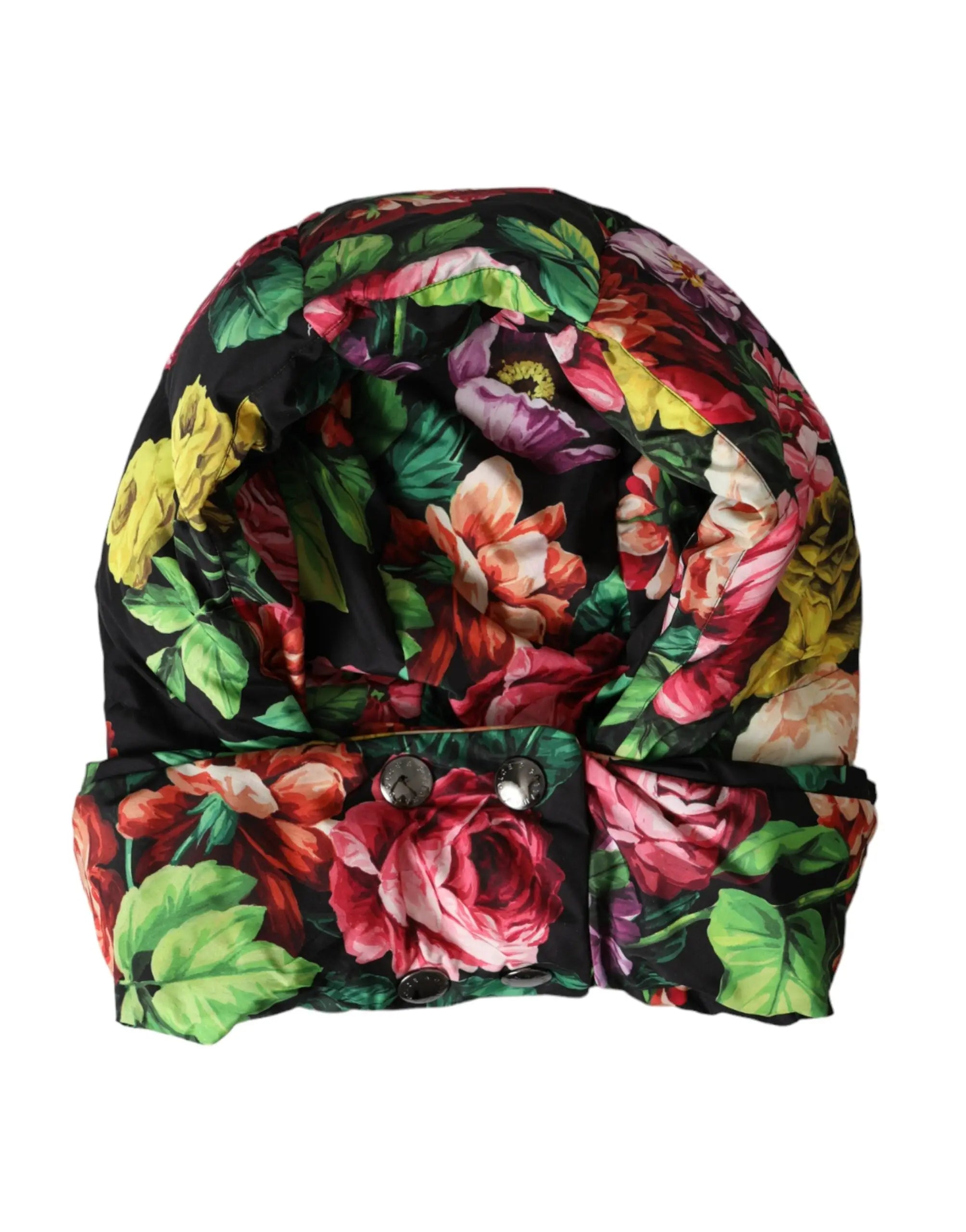 Chapeau dolce gabbana multicolore en puffer noir avec motifs floraux roses rouges jaunes et verts éclatants