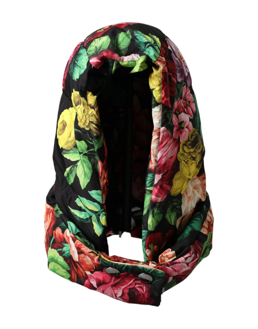 Veste matelassée noire à capuche avec imprimé floral multicolore rouge rose jaune vert dolce gabbana bonnet
