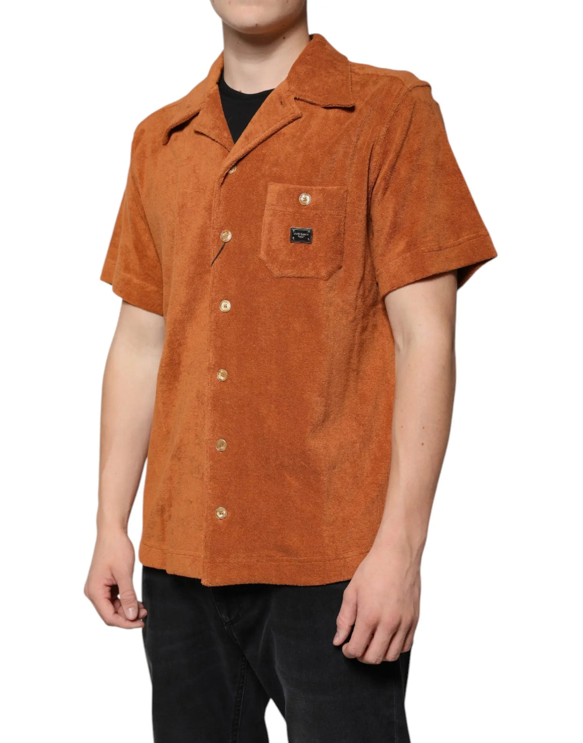 Chemise dolce gabbana hazel en velours de coton orange avec manches courtes col et poche poitrine à boutonnière