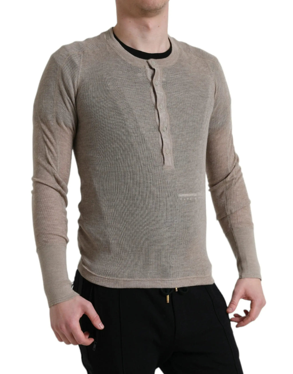 Pull-over henley beige en cachemire dolce & gabbana avec col intérieur noir et patte de boutonnage côtelée