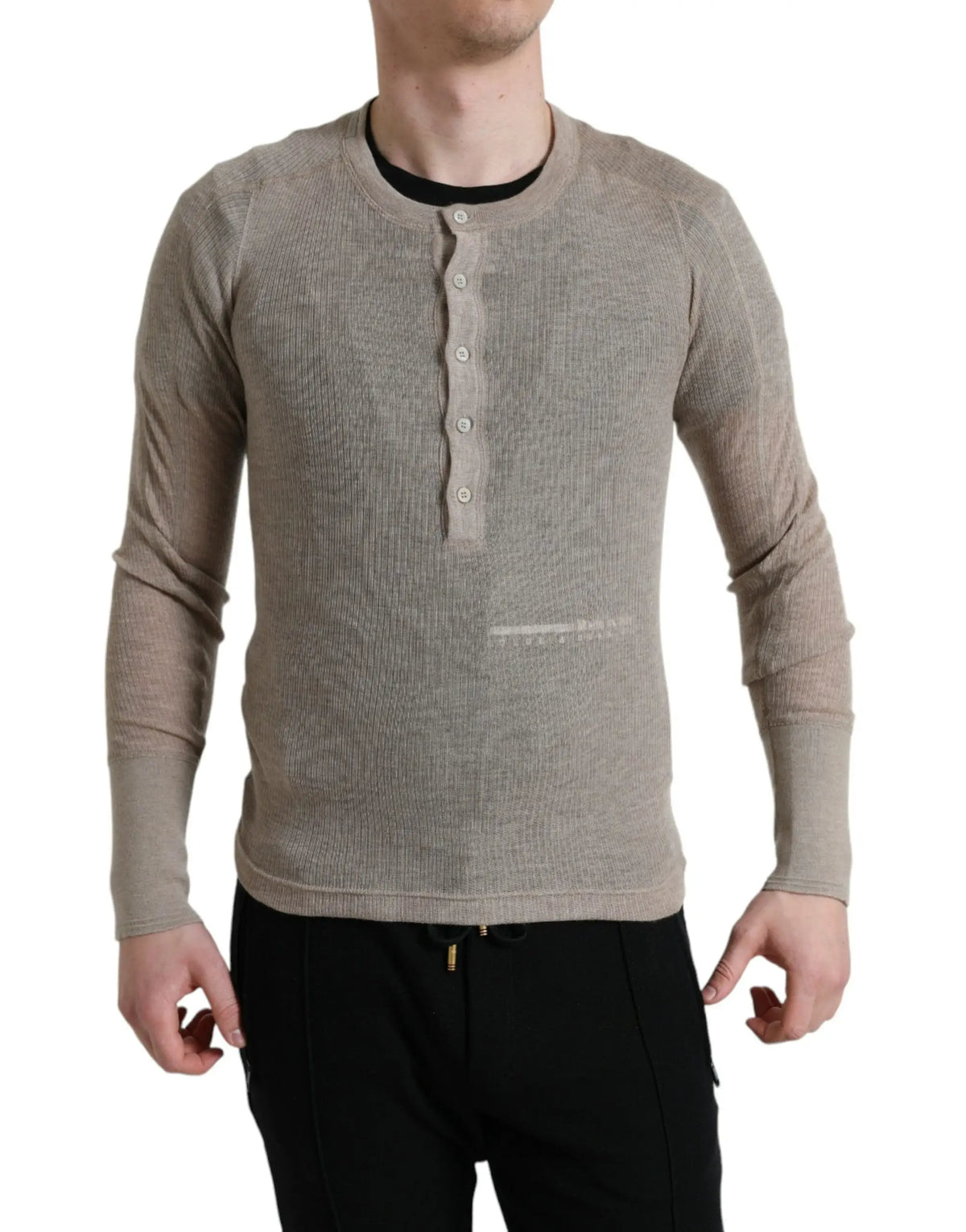 Beige dolce & gabbana henley pullover cashmere sweater with ribbed knit texture and buttoned placket