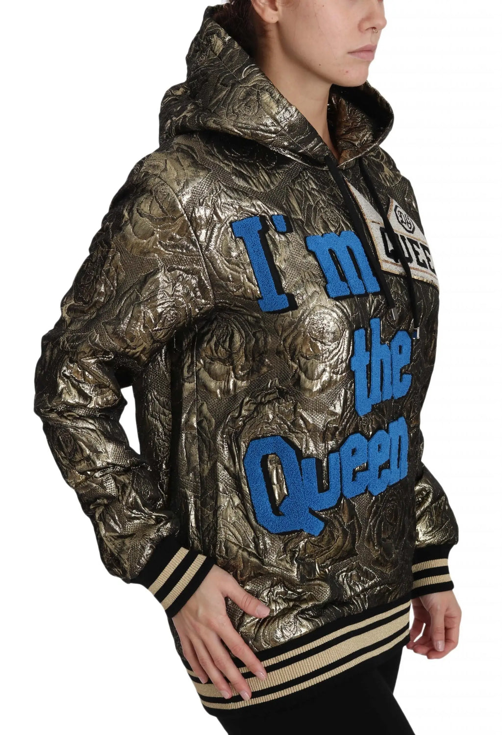 Sweatshirt à capuche bomber métallisé or dolce & gabbana avec motif floral en relief et texte brodé bleu i’m the queen