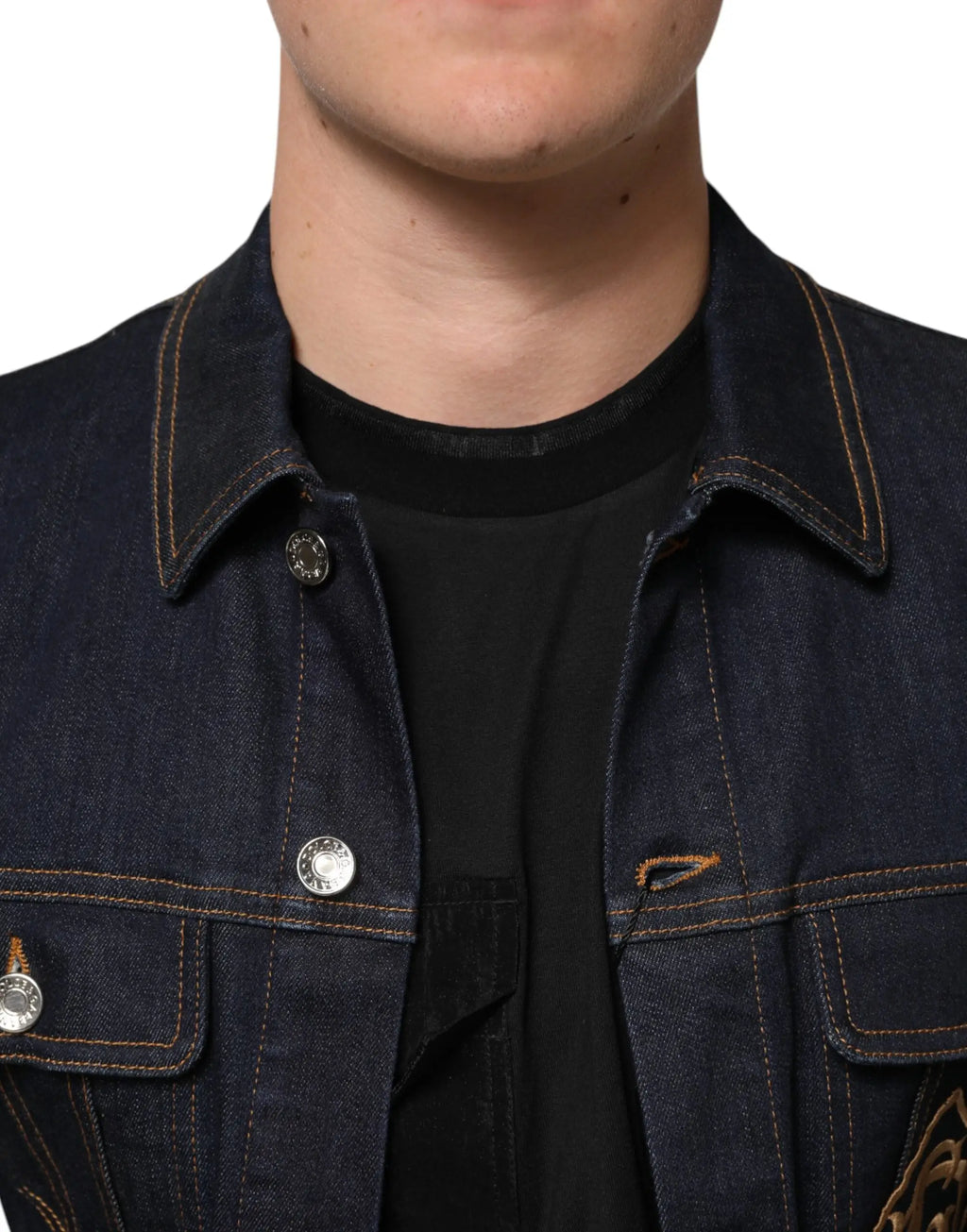 Veste en jean slim fit indigo blue de dolce & gabbana avec surpiqûres orange contrastantes et boutons argentés