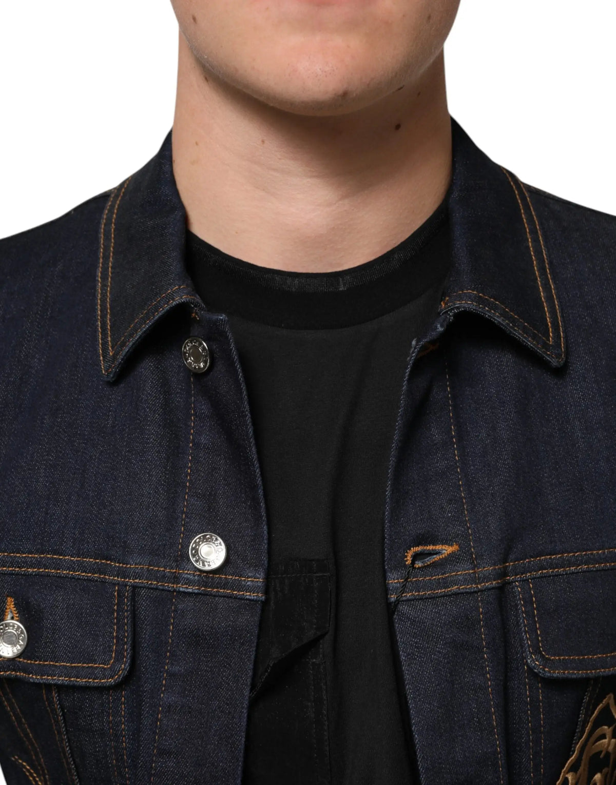 Veste en jean slim fit indigo blue de dolce & gabbana avec surpiqûres orange contrastantes et boutons argentés