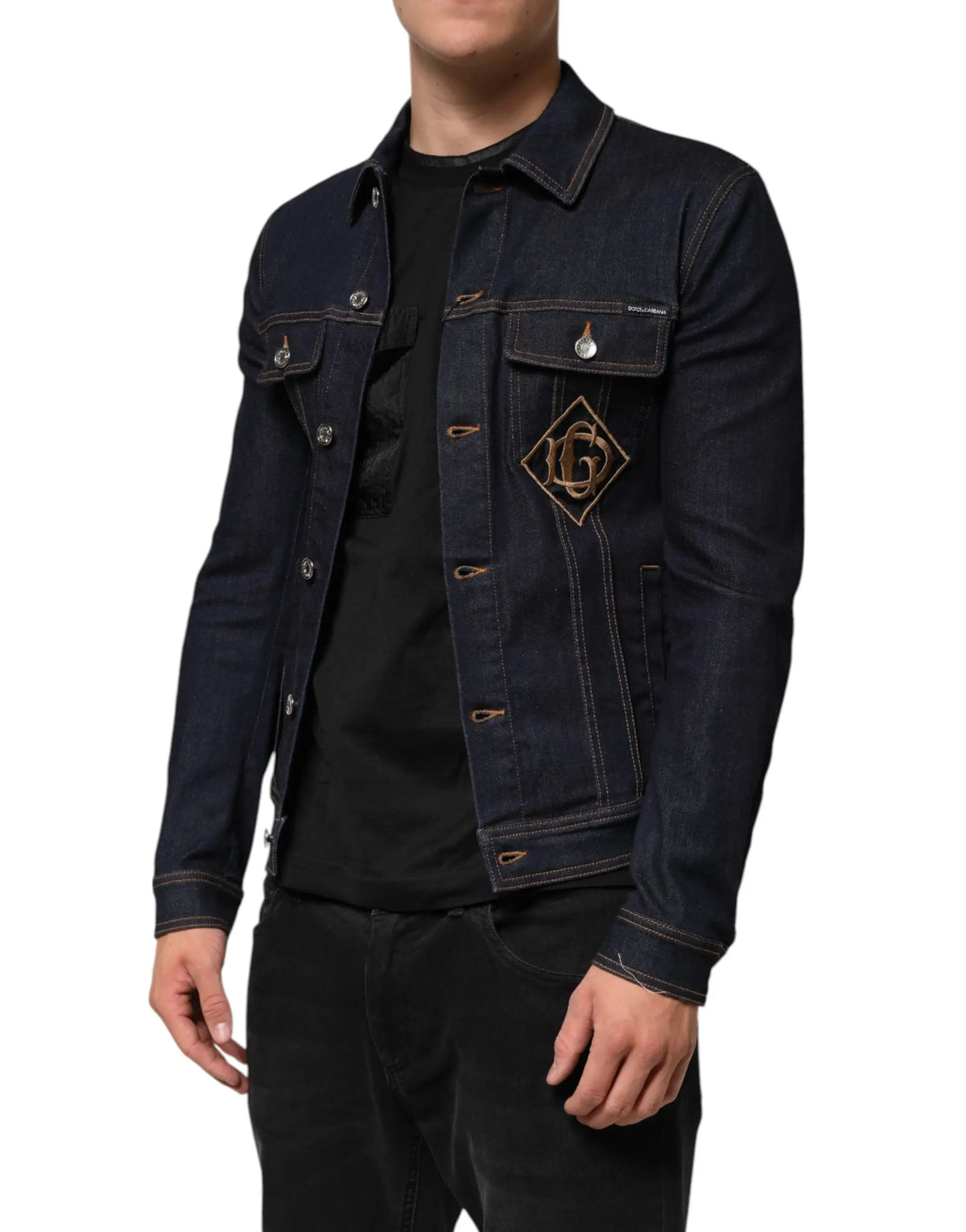 Veste en denim indigo bleu dolce & gabbana coupe slim avec logo losange brodé doré sur la poitrine gauche