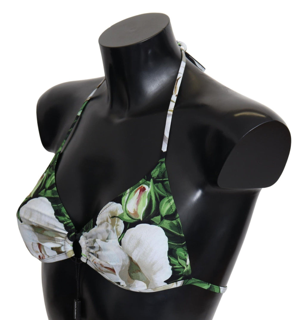 Bikini push-up à fleurs multicolores de Dolce & Gabbana, haut de maillot de bain halter avec imprimé floral vibrant.
