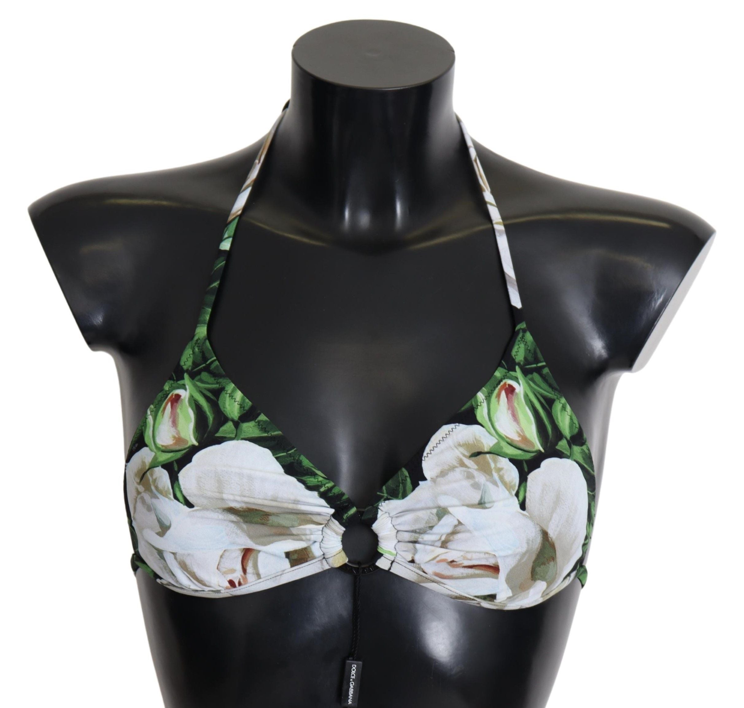 Top de maillot de bain à fleurs multicolores Dolce & Gabbana, style halter, pour femme, visible en détail dans l'image.