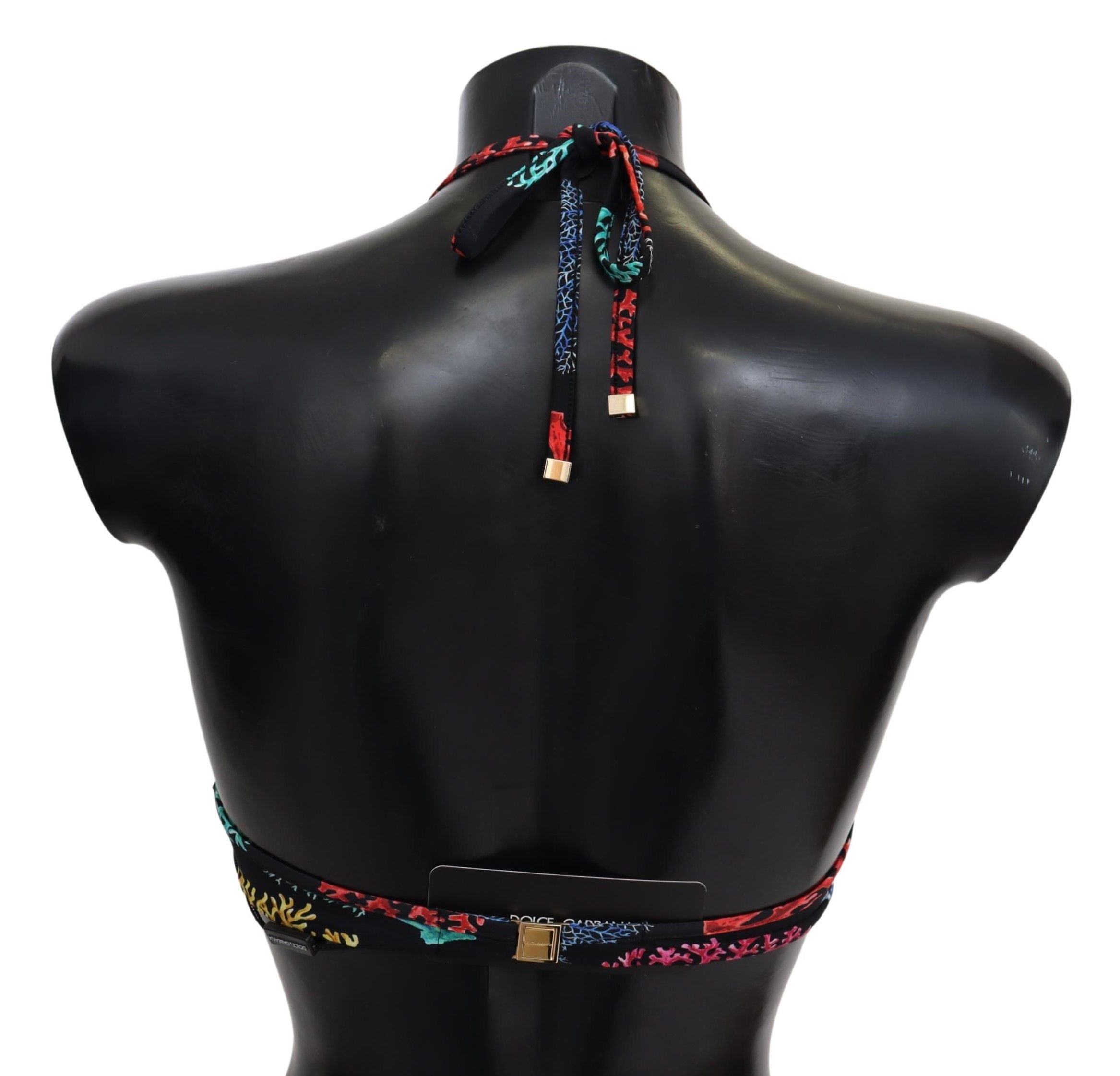 Top de bikini femme Dolce & Gabbana en imprimé coraux noir, maillot de plage élégant avec détails colorés.