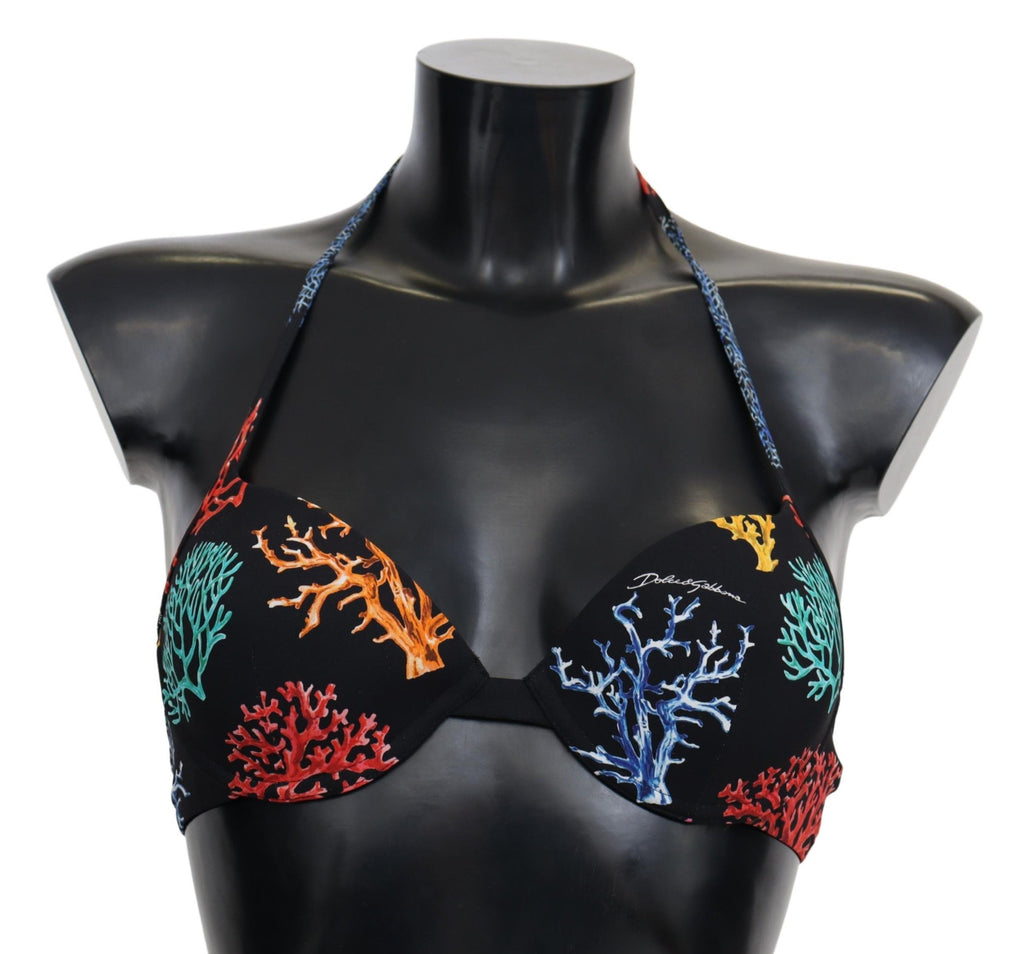 Haut de bikini femme Dolce & Gabbana avec imprimé coraux noir, style plage, tissu léger et confortable.