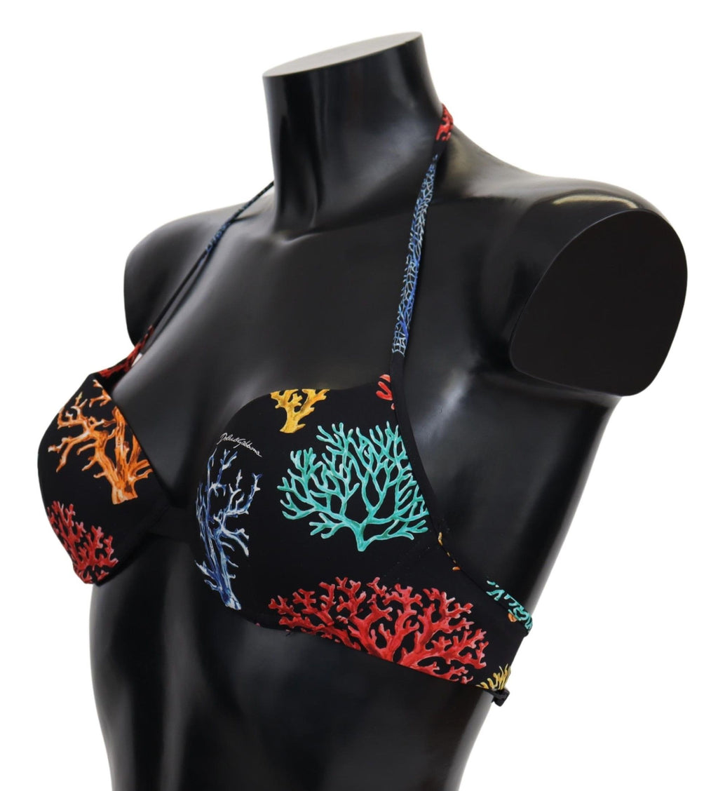 Top de bikini pour femmes Dolce & Gabbana avec imprimé coraux noir, vêtement de plage élégant et tendance.