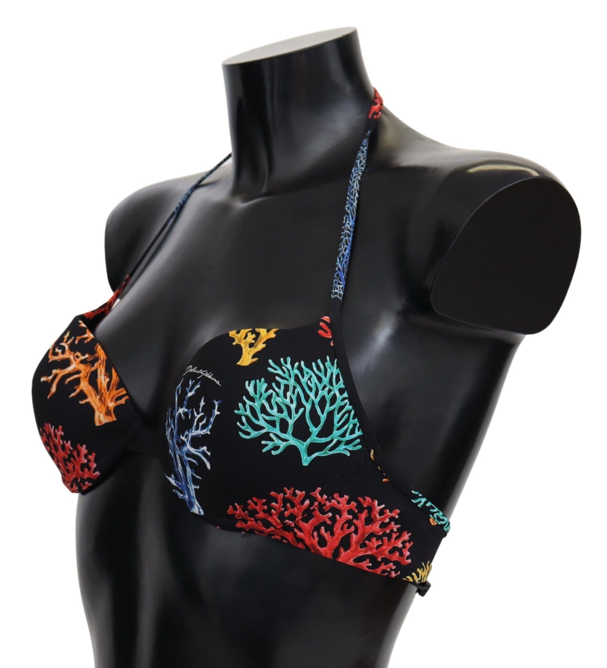 Top de bikini pour femmes Dolce & Gabbana avec imprimé coraux noir, vêtement de plage élégant et tendance.