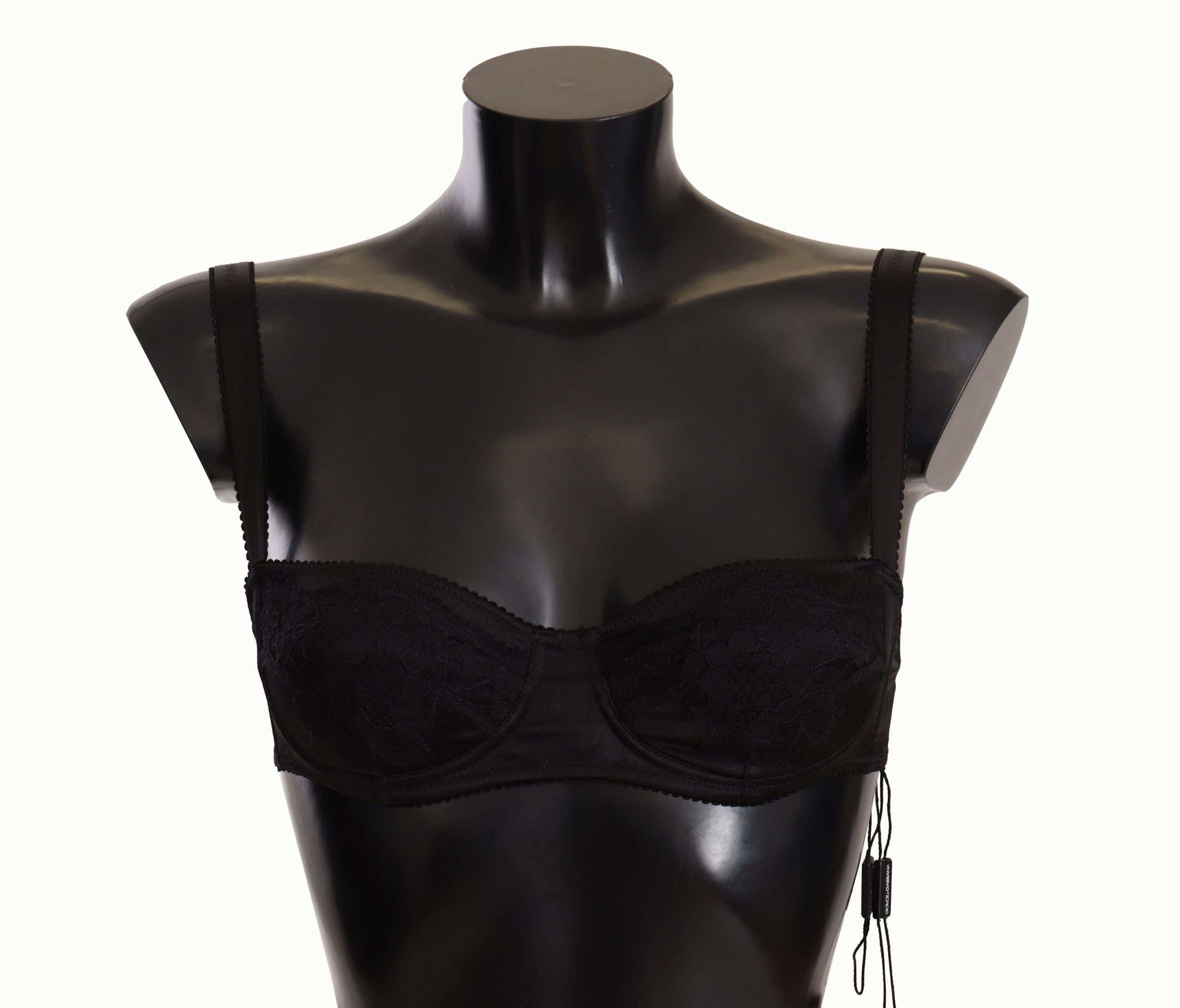 Soutien-gorge balconnet en satin noir à pois blancs, dentelle, Dolce & Gabbana, élégant et féminin.