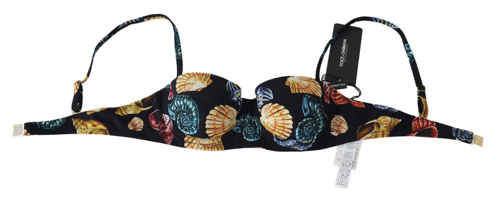 Top de bikini pour femmes Dolce & Gabbana avec motif de coquillages noirs, costume de bain élégant et tendance.