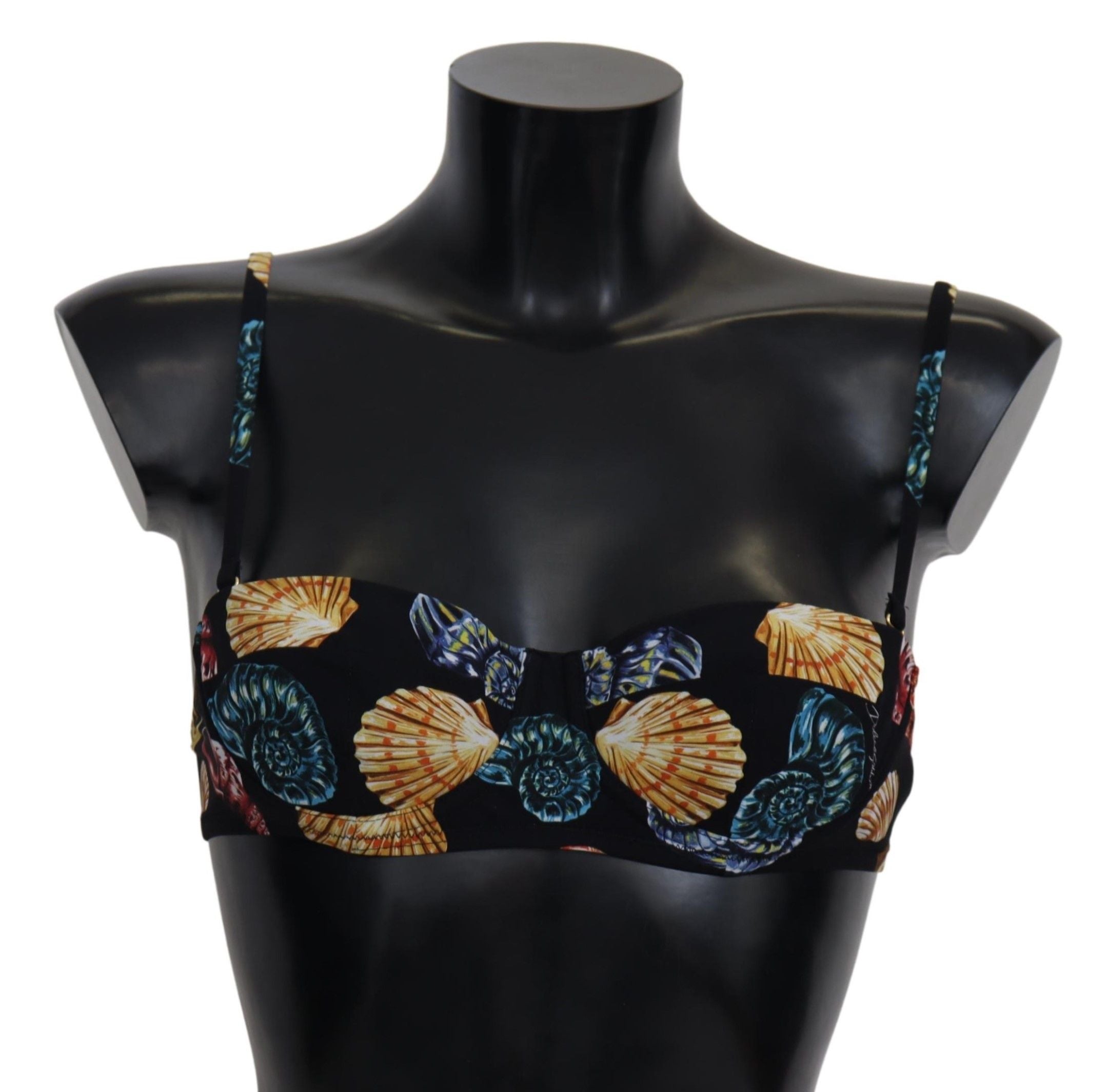 Haut de bikini femme Dolce & Gabbana imprimé coquillages noirs, maillot de bain élégant et tendance.