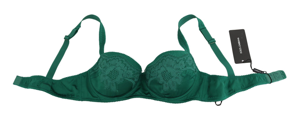 Soutien-gorge en soie verte à fleurs et dentelle extensible de Dolce & Gabbana, vue de face.