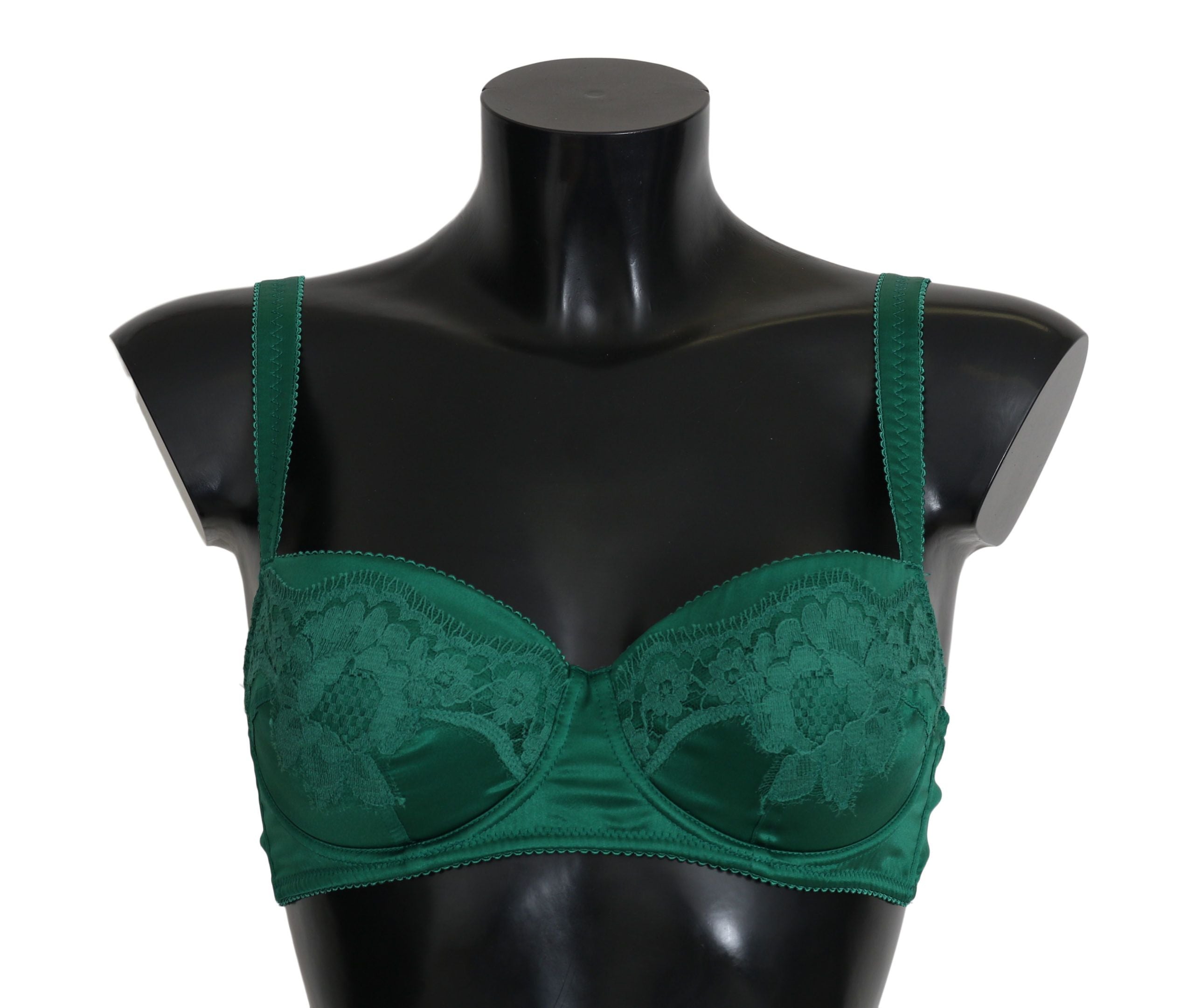 Soutien-gorge en soie verte à motifs floraux en dentelle stretch, signé Dolce & Gabbana, vue de face.