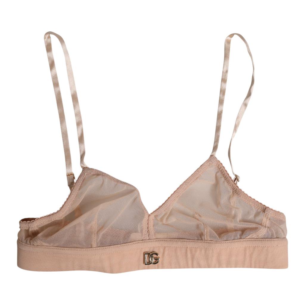 Soutien-gorge en nylon rose poudré Dolce & Gabbana avec logo DG, sans armatures, pour lingerie élégante et confortable.