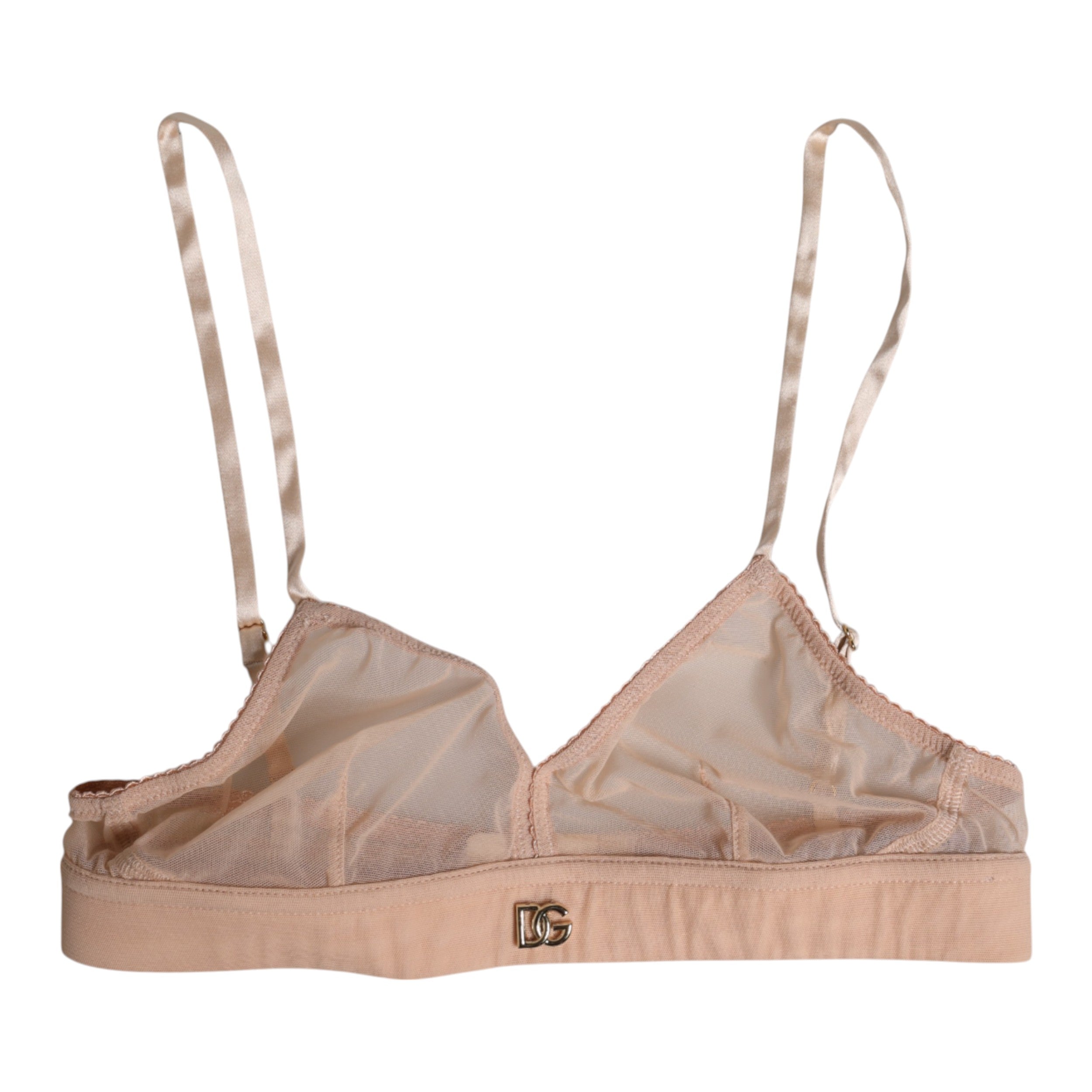 Soutien-gorge en nylon rose poudré Dolce & Gabbana avec logo DG, sans armatures, pour lingerie élégante et confortable.