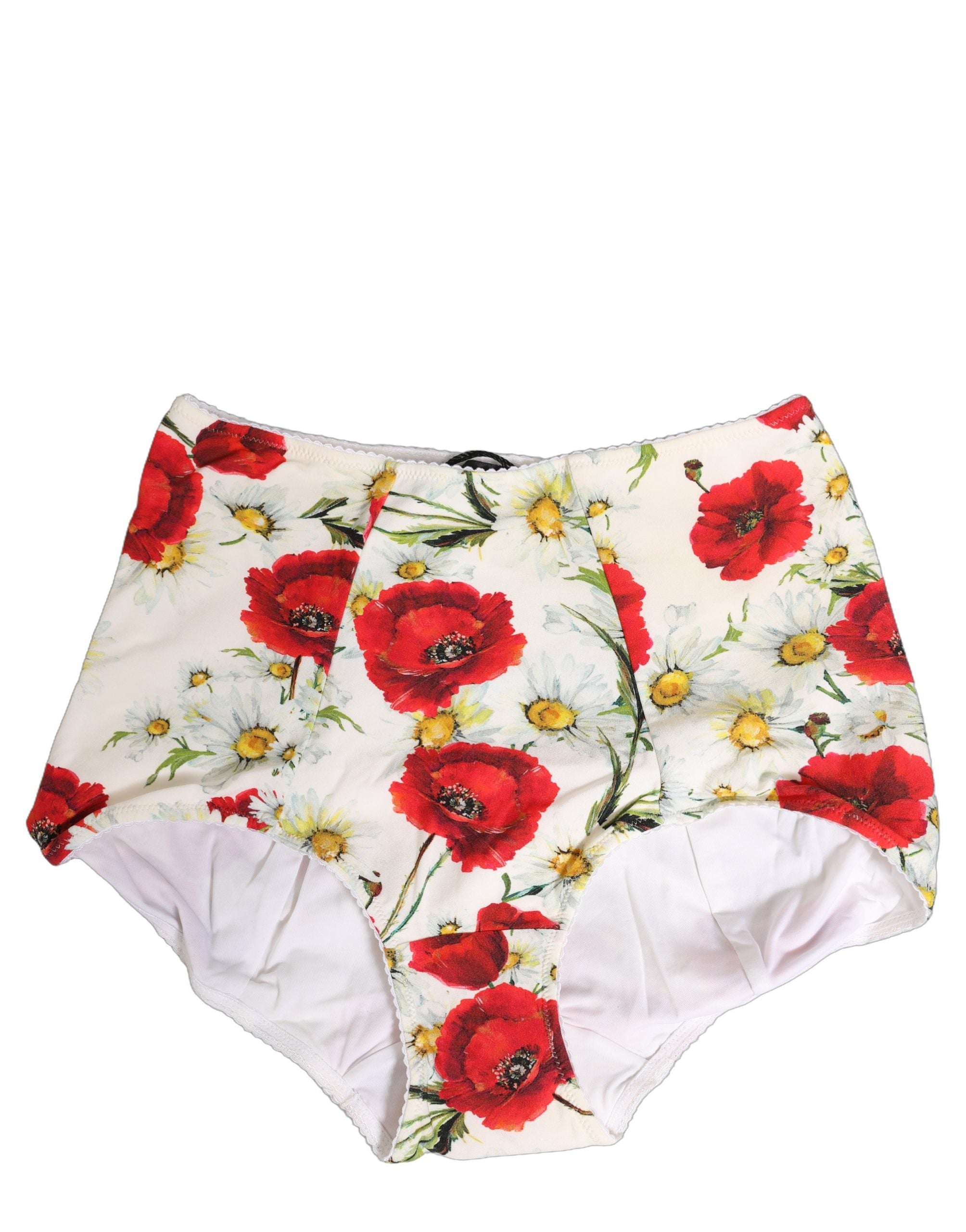 Garde-robe élégante : porte-jarretelles en nylon blanc de Dolce & Gabbana avec motif floral à taille haute.