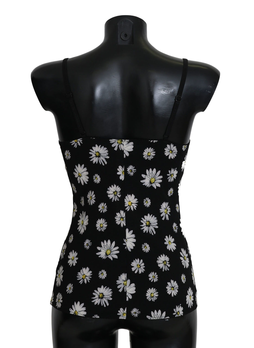 Robe lingerie noire Dolce & Gabbana avec imprimé marguerite, chemisier élégant en tissu léger, visible en gros plan.